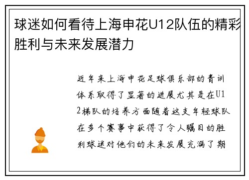 球迷如何看待上海申花U12队伍的精彩胜利与未来发展潜力
